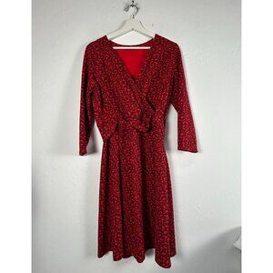 Lands' End Womens Faux Wrap Dress Red Medium 10-12 3/4 Sleeve Knee Length A-Line